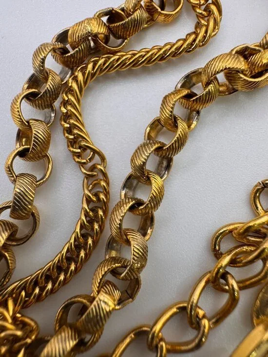 Vintage Gold Tone Heavy Multi 5 Strand Chain Necklace Statement Layered Runway - Picture 6 of 9